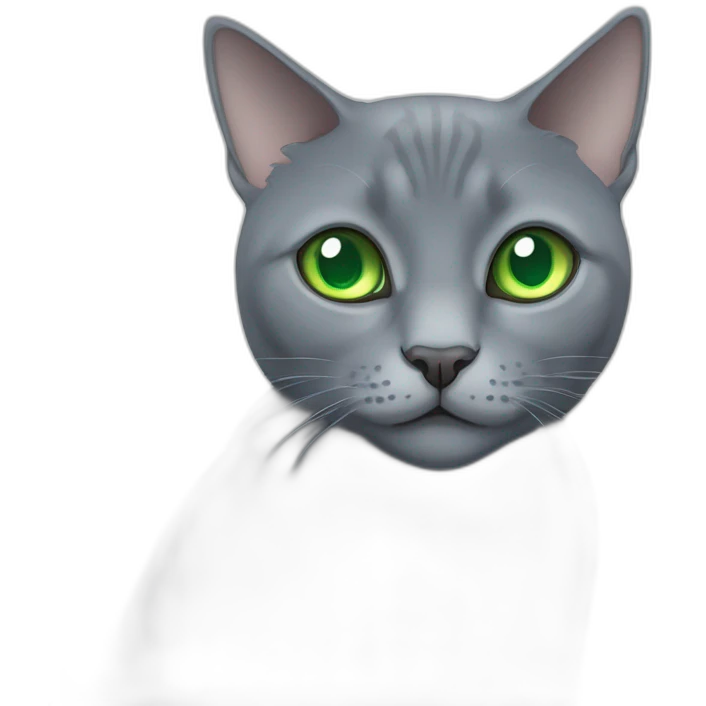round faced grey russian blue cat with green eyes with big pupils and fat emoji