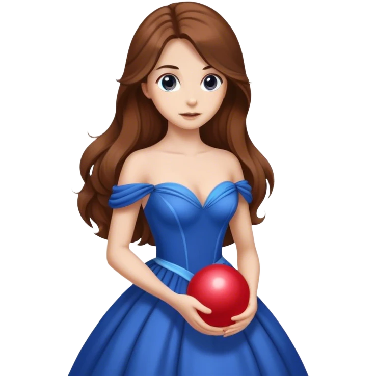 Cinematic Elegant Belle Portrait Emoji, rendered in a realistic, vector-style with minimal shading and bold, simplified shapes. Depict Belle (chest and above) with fair, luminous skin, deep brown expressive eyes, and long, flowing chestnut hair styled elegantly, wearing her classic blue ball gown. The image glows with a soft, warm radiance and high shine, capturing timeless refined beauty. emoji
