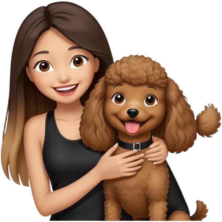 a asian girl with long straight balayage hair, long lashes, laughing, wearing black halterneck top, and holding a brown poodle emoji