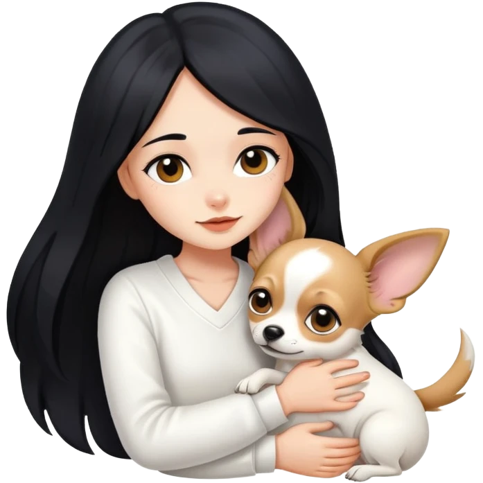 Fair skin girl - long black hair - white clothes - hugging a chihuahua emoji