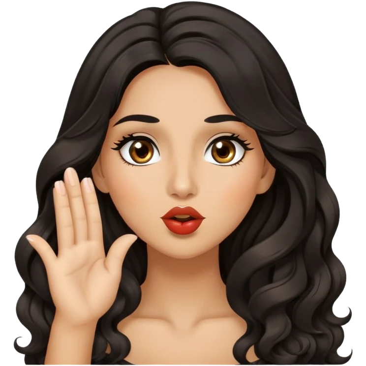 woman with olive skin, brown eyes and long lashes, and long black wavy hair blowing kiss emoji