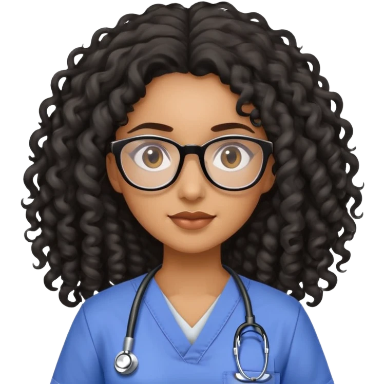 A light brown skin woman with long black curly hair, glasses, in scrubs emoji