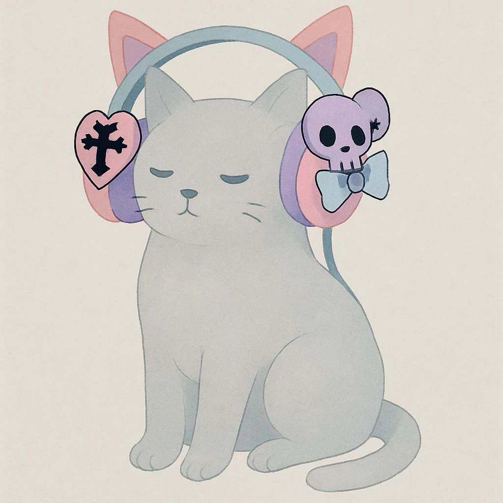 Add cute pastel goth hair clips to the cat ear headphones, keep the style and background as is. Maintain the original look and feel of the image. emoji