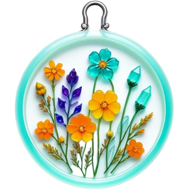 Epoxy resin art icon, jewelry and decorative items made with fluorescent epoxy resin, glowing effect on the resin, finished resin jewelry with dried flowers embedded inside, visible tubes of resin with bright colors, mixing tools, and molds, minimalistic style, clean lines, transparent background emoji