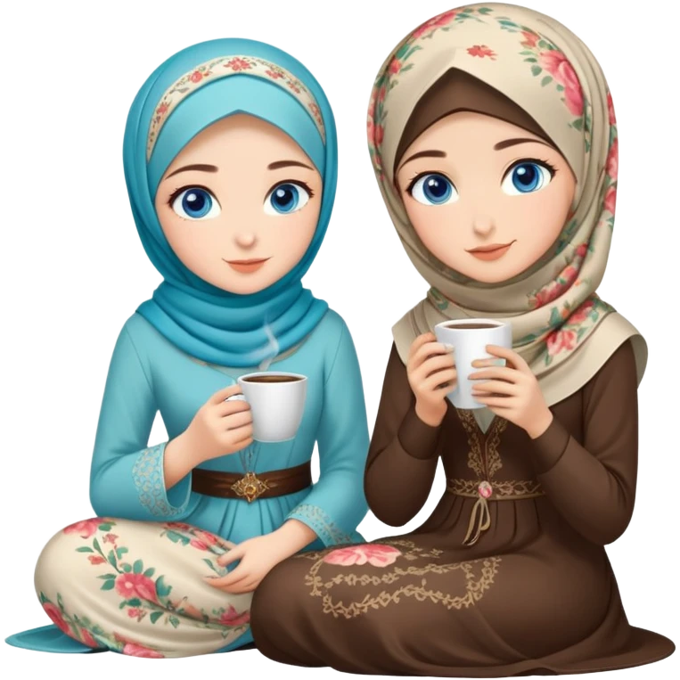 Turkish beautiful finish Konya girls blue eyes with floral Beauty hijab long tail dress and the two friends sits on the chair on the ground and holds cup coffe with her hand  emoji