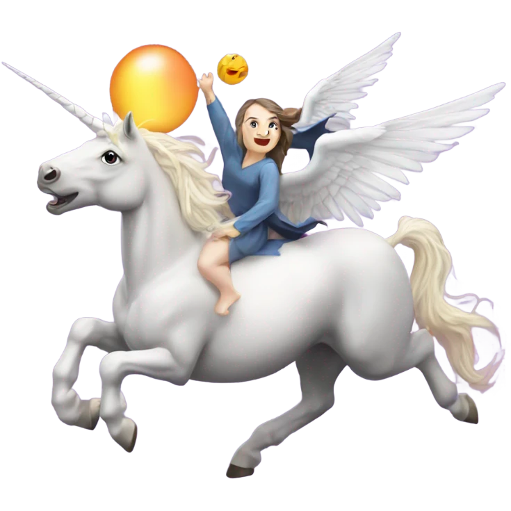 Unicorn flying with big wings and a pegasus and a witch chasing them emoji