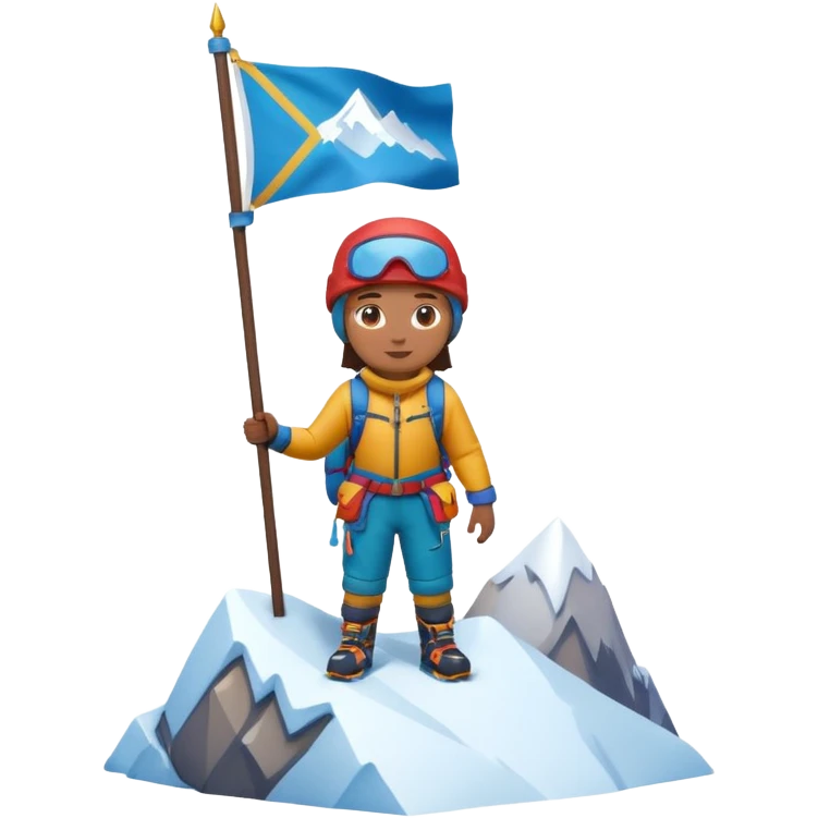 A 3D cartoon mountaineer standing on a snowy Everest-like summit with a flag, wearing colorful climbing gear, soft lighting, Memoji-style. emoji