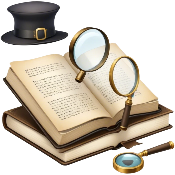 Icon for Detective Reading: an open book with text and a magnifying glass, a detective’s hat and a notebook with clues, surrounded by dark shadows and mysterious elements like footprints. Transparent background. emoji