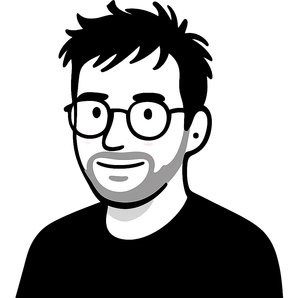 A creative man with round glasses, disheveled messy hair, and a neatly trimmed short beard, with a gentle smile emoji