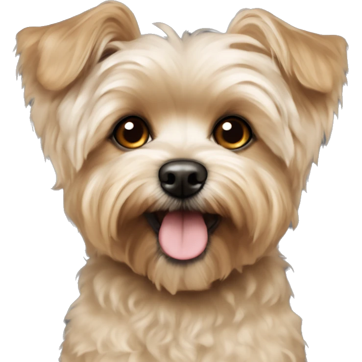 yorkie bichon mix. dog with light tan curly fur, very very LONG ears DOWN. dark brown eyes,. emoji