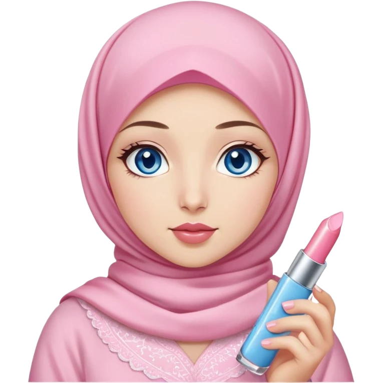 Turkish beautiful finish Konya girl blue eyes with light sakura and pink hijab islamic dress and had on her hand kiko lipgloss and she wearing the lipgloss emoji