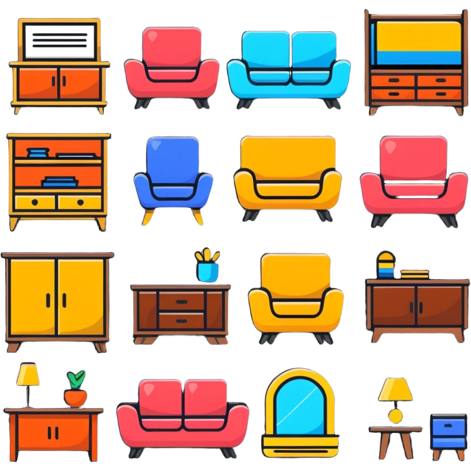 colorful interior design style quiz logo with swiping gesture and different furniture styles emoji
