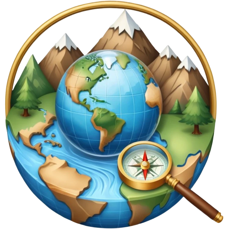 An icon featuring a globe, a compass, and a topographic map, symbolizing geography. The design includes mountain ranges, rivers, and a magnifying glass, representing the study of Earth's landscapes, features, and spatial relationships. Transparent background highlights geographic exploration. emoji