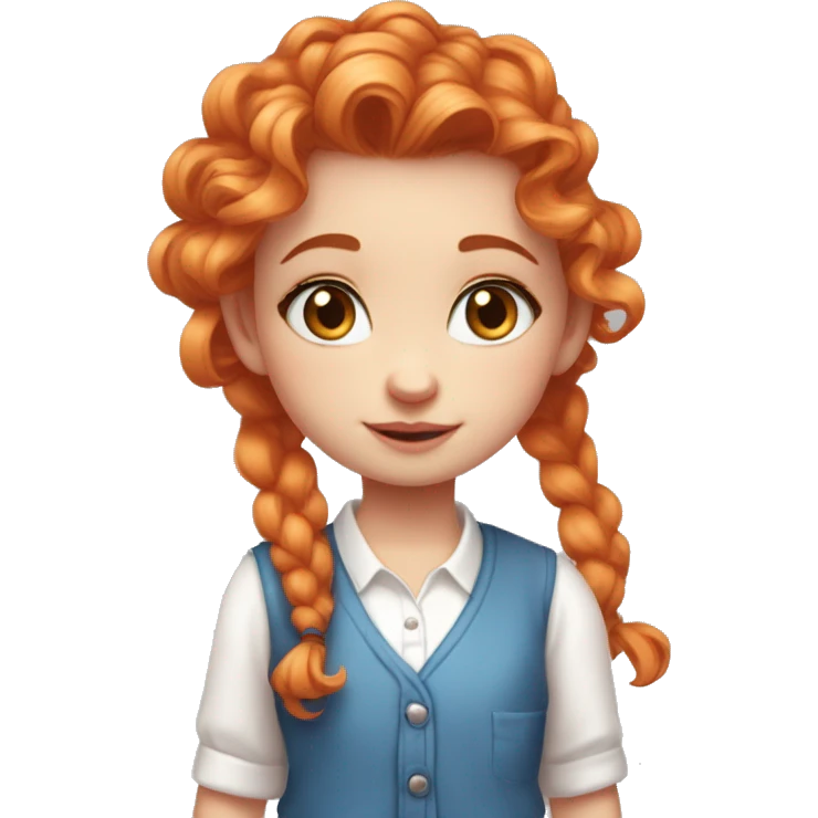 a Small girl with saturated orange hair that is curly and long but with a smaller pony tail on the said with a pink heart hair clip. blue eyes. A white button down shirt and pink cardigan over the top emoji