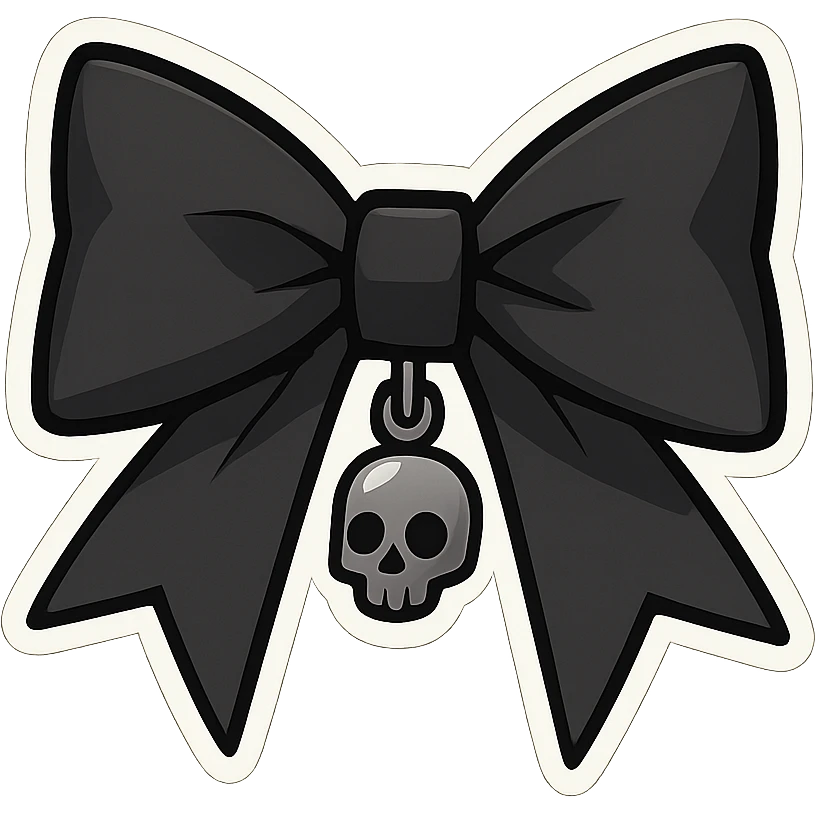 minimalist goth bow, matte black, sharp edges, small silver charm, modern dark aesthetic, chibi style emoji