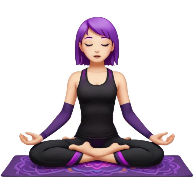 A young woman with purple hair doing yoga in the camel pose (Ustrasana), wearing a black sports outfit, minimalistic background with mandala pattern and colorful stars, soft lighting, peaceful atmosphere, digital illustration style. emoji