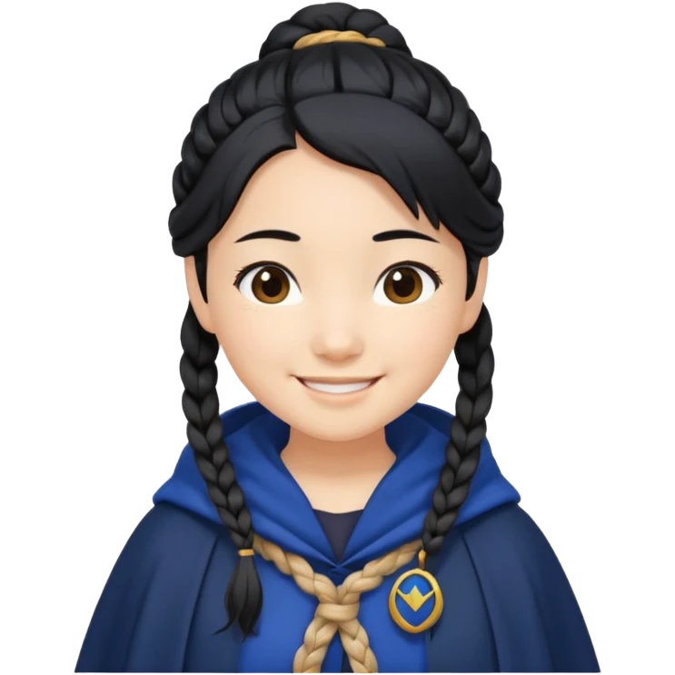 braid black hair, white asian girl, dark blue cloak, happy smile emoji