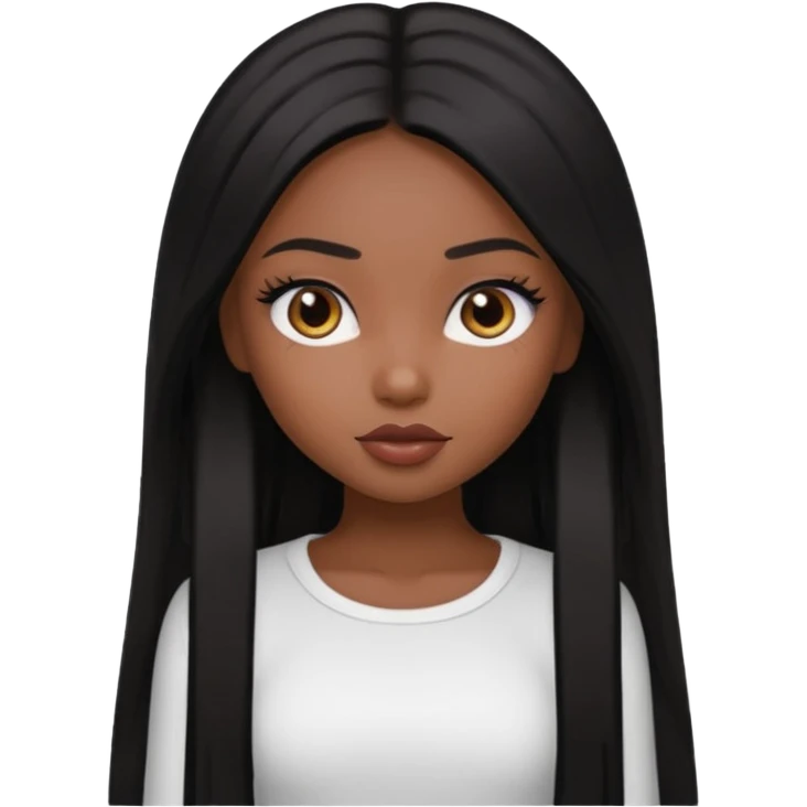 a pretty bratz brown girl with long straight black color hair and a white full sleeve emoji