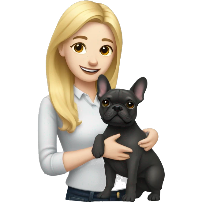 golden blonde woman with hugging dark gray french bulldog emoji