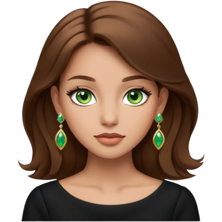 Μια κοπέλα καστανή με μαύρα ωραία ρουχα και σκουλαρίκια και κοσμήματα και βαμμένη ελαφρό και πράσινα μάτια  emoji