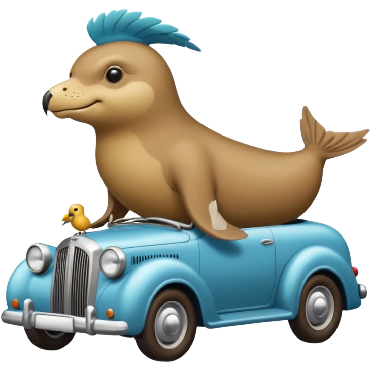 Old fashioned car with a cuckoo sea lion with a bird on his head driving emoji