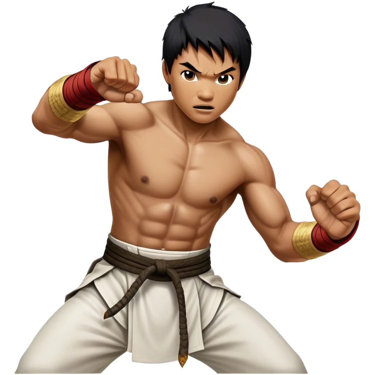 Tony Jaa – Cinematic Realistic Portrait of Tony Jaa, depicted as a dynamic martial arts warrior with intense eyes and a powerful stance in traditional Thai fighting attire, rendered in mid-motion with dramatic lighting and high-detail textures that capture his raw physicality and grace. emoji