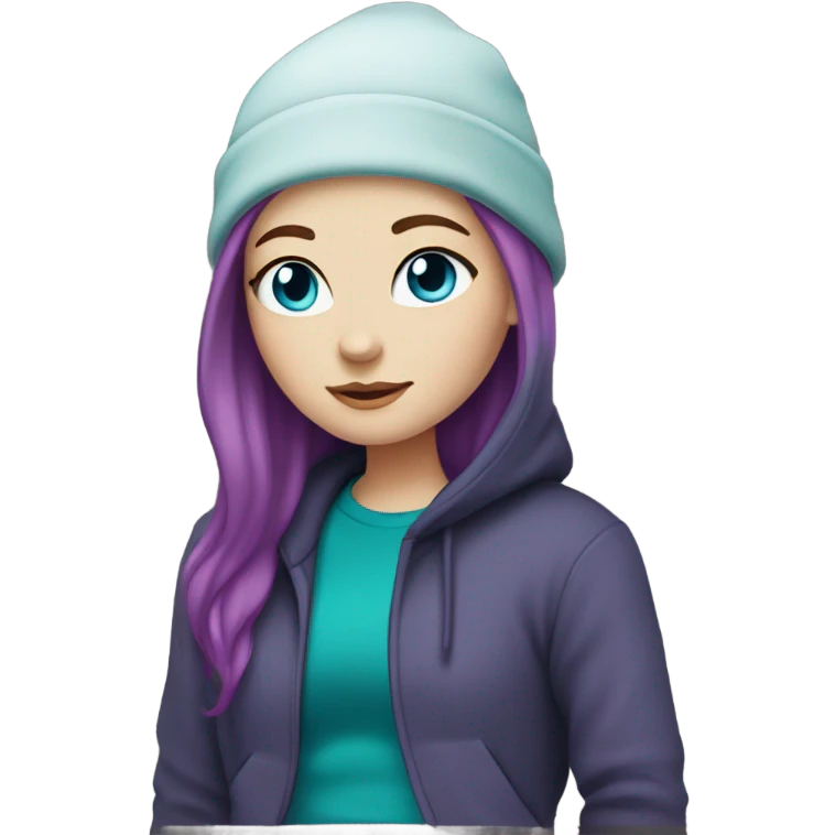 White girl, blue eyes, long teal hair, purple beanie hat, black hoodie emoji