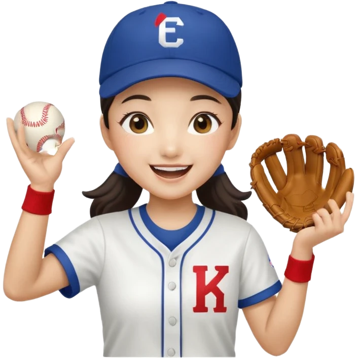 a korean girl cheering her favorite baseball team, wearing the team uniform, baseball cap, and holding baseball emoji