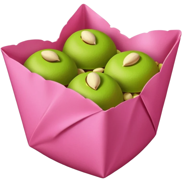 bitten chocolate in a pink wrapper. chocolate filling - pistachio paste green emoji