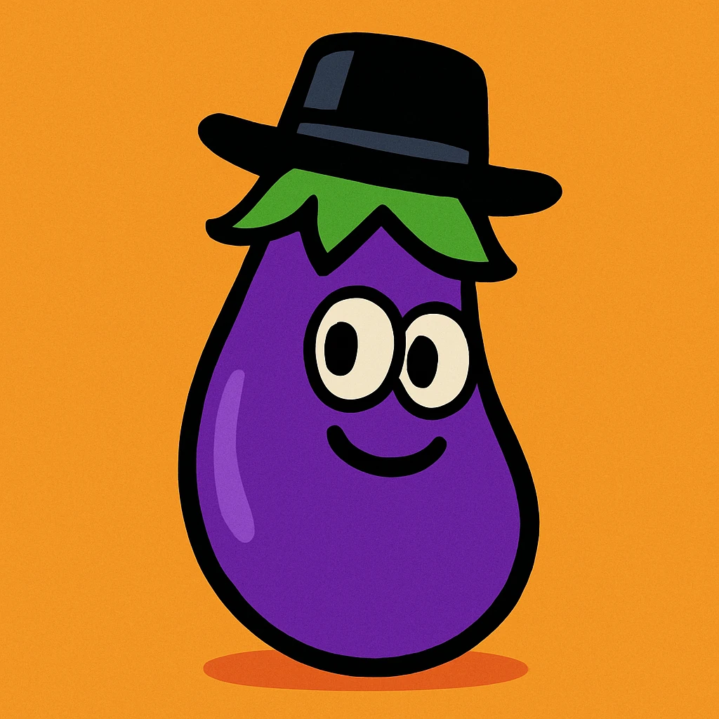 eggplant with a black hat on top, cartoon style emoji