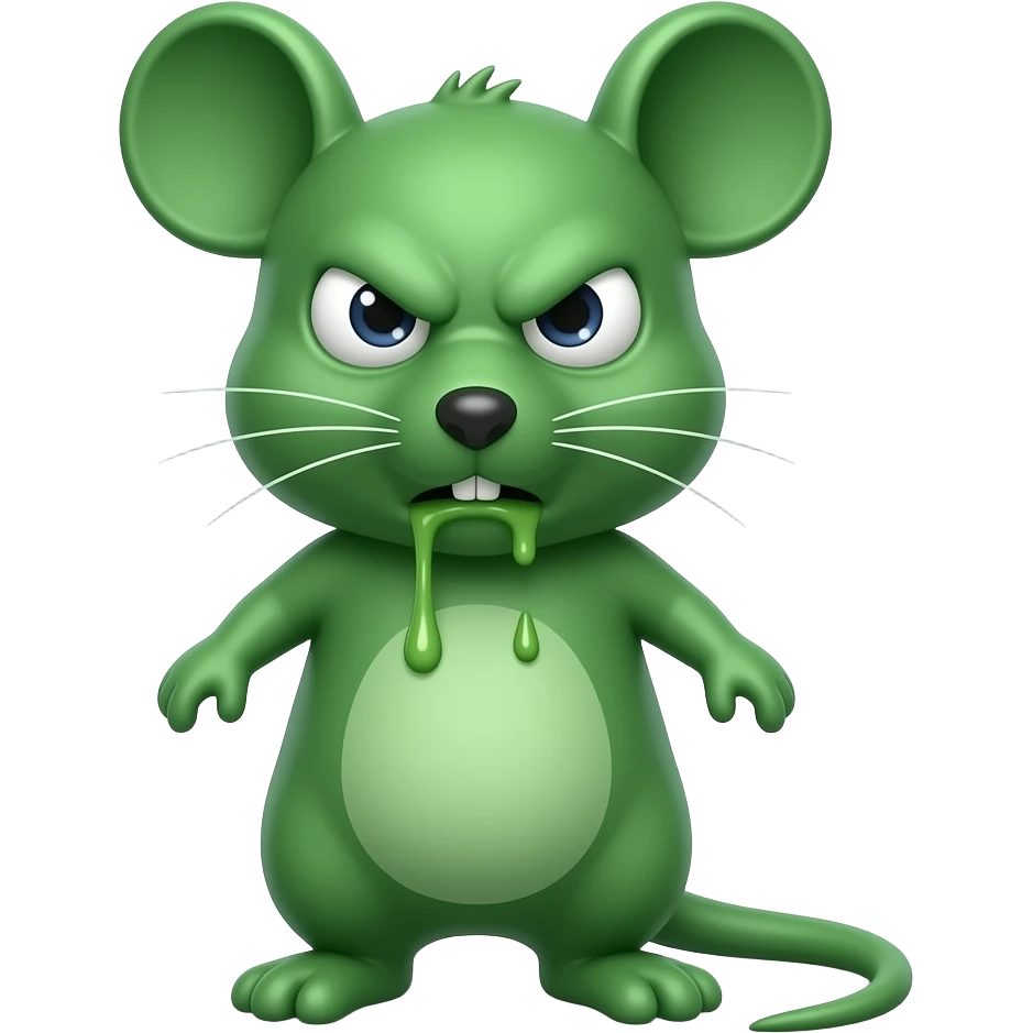 A little green mouse standing upright, with arms and legs that look like those of a little person, staring at us with loathsome and revolting face on its face, with vomit. The mouse’s body is entirely green. emoji