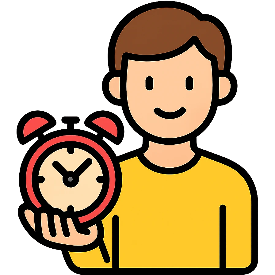 A man with brown hair holding a red alarm clock emoji
