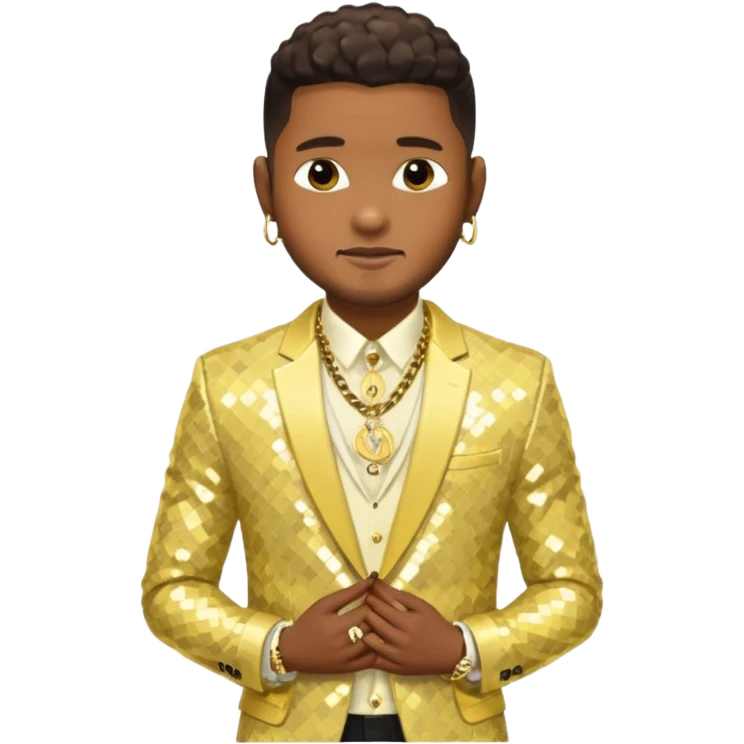 Usher with dark brown, pale yellow sequin suit jacket, shirtless with necklace emoji