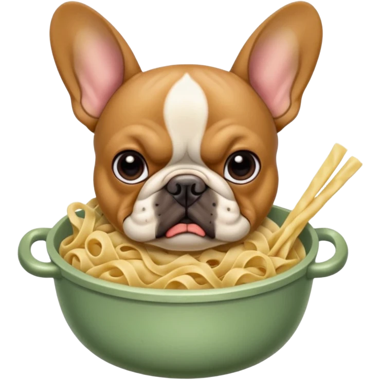 Fawn colored French bull dog looking very angry holding moldy noodles emoji