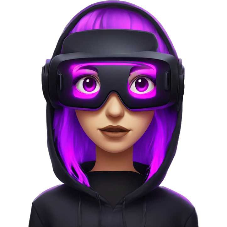 Russian girl wearing black hoody with violet letters "OMG", in vr headset. Cyberpunk style. Violet neon. emoji