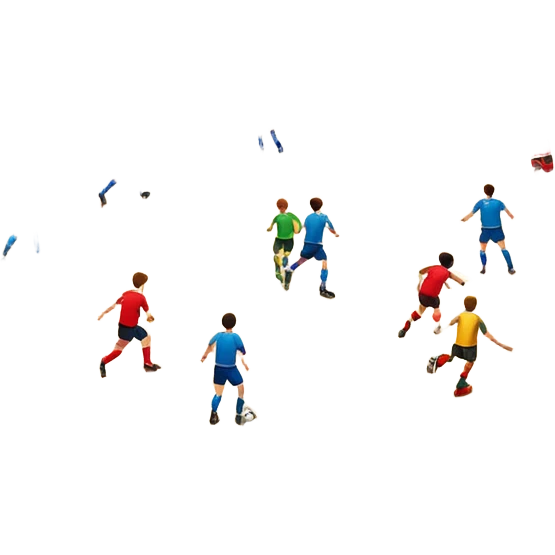 A mini-football match in an indoor sports hall with wooden flooring and clear field markings. The scene shows a vibrant game in action, with players positioned on the court, the goalposts visible, and the atmosphere filled with energy and focus. emoji