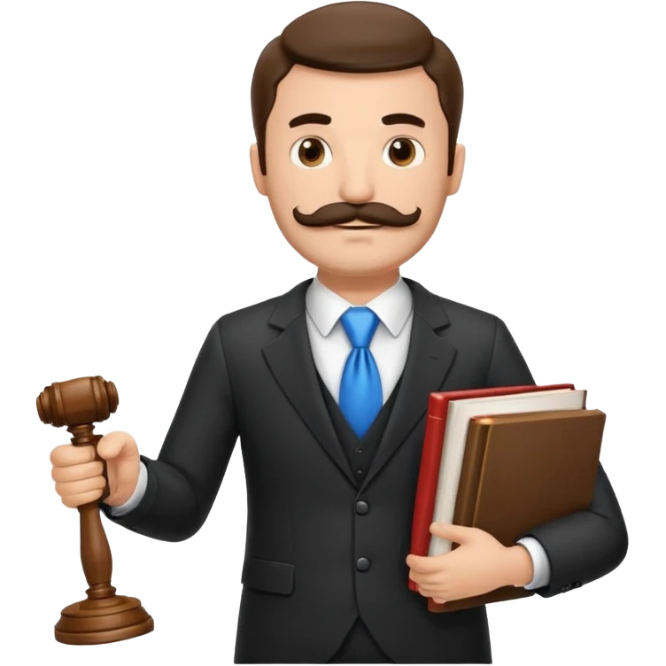 Create a male lawyer. he is wearing a fromal suit jckeret. He is holding a gavel in one hand and a book tucked under his another arm. He has a mustache and BEARD both! emoji