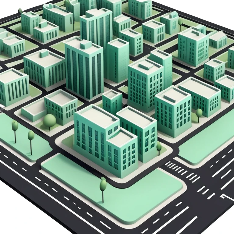 Urbanisme & Aménagement (Urban Planning), 3D technical icon with black and mint green (#B5F4D3), detailed zoning plan with cross-sections and regulatory boundaries emoji