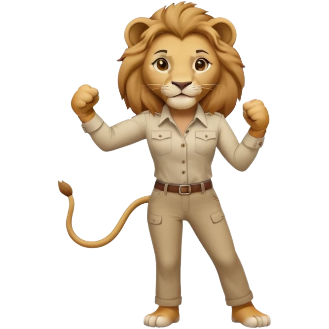 friendly anthropomorphised female lion in a shirt and pants doing a fist pump emoji