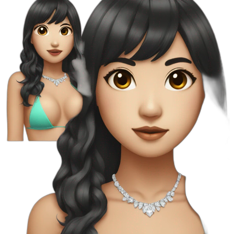Asian girl with bangs and black long hair and wearing bikini made with diamonds emoji