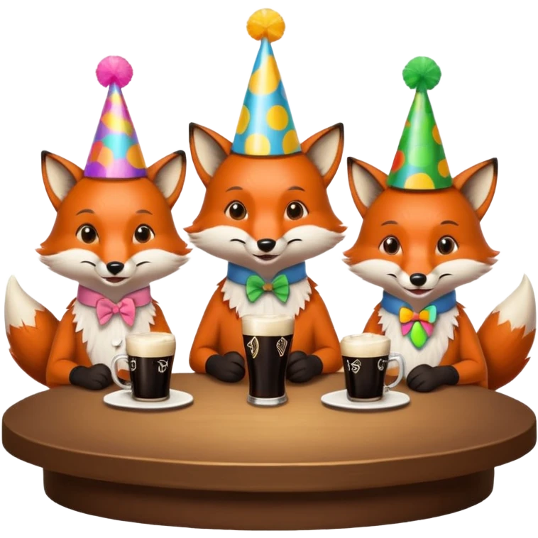 Three foxes sitting at a round table drinking Guinness emoji