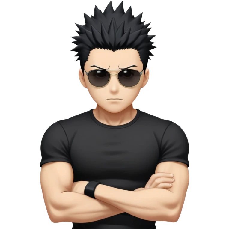 Satoru Gojo from Jujutsu Kaisen with spiky black hair, wearing form-fitting black t-shirt showing muscular build, confident expression, sunglasses on top of head emoji