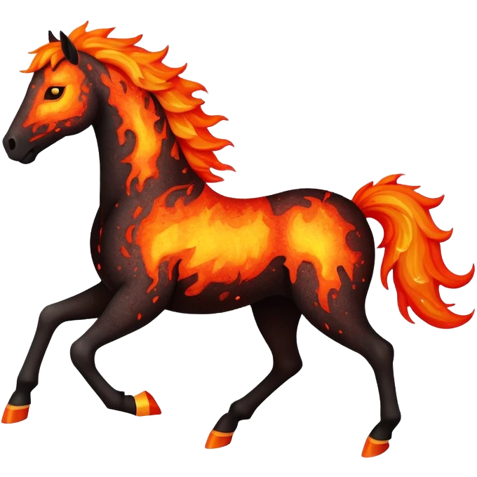 A fast-running fire horse made of embers, magma, and visible lava, with burning mane and ash particles emoji