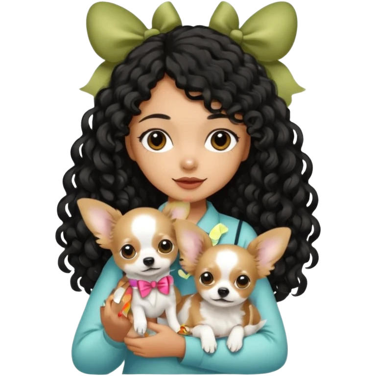 a girl light to medium tan skin with olive skin tone Long black curly hair cut butterfly carrying a white chihuahua dog with a cute ribbon emoji