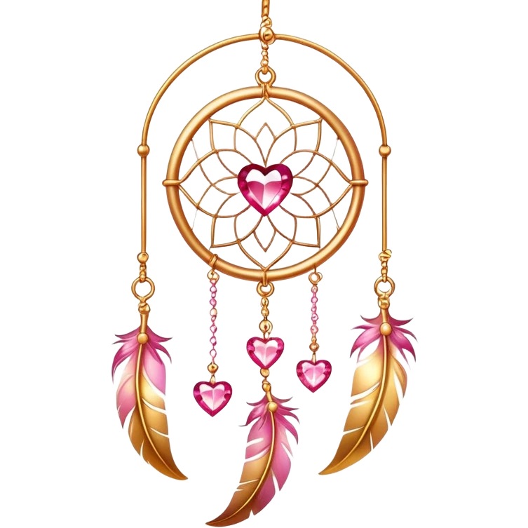 Reddish-pinkish and golden warm-colored romantic lush beautiful pretty hanging crystal-catcher aesthetic with hearts and sparkles and feathers emoji