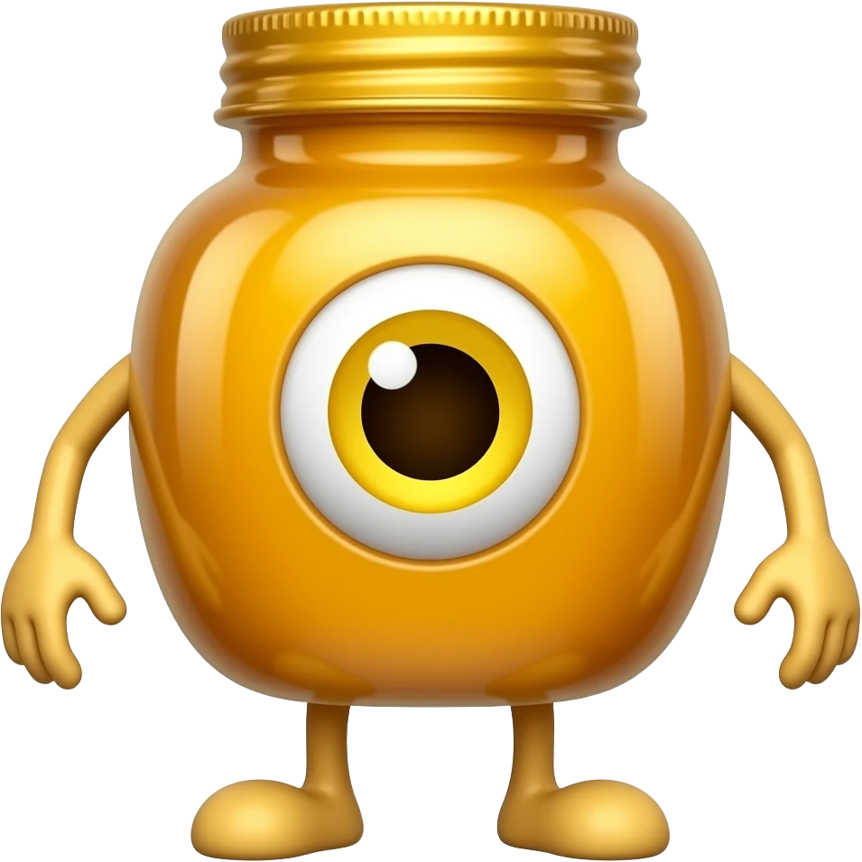 A honey bottle with one single eye and legs and arms with yellow eye emoji