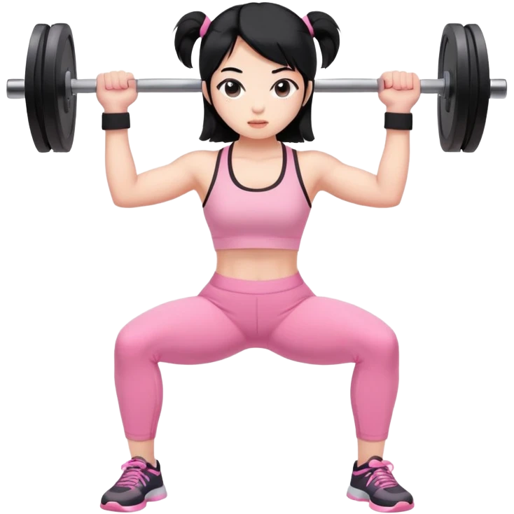 black hair asian girl lifting weights in light pink  emoji