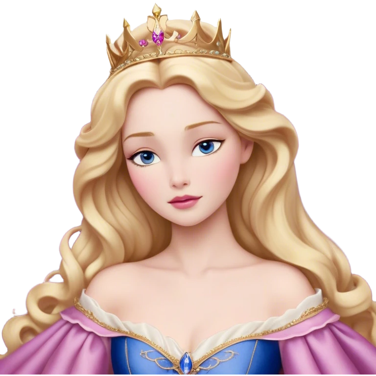 Cinematic Realistic Sleeping Beauty (Aurora) Portrait, with porcelain-like skin featuring a natural rosy flush, illuminated by soft lighting that highlights the gentle contours of her face. Her golden blonde hair flows in soft, detailed waves with subtle highlights that shimmer in the light. Her deep violet-blue eyes radiate warmth and innocence, framed by arched brows and long lashes. Her serene expression exudes quiet elegance. She is dressed in her classic pink gown, the fabric rich in texture with delicate folds that catch the light. A golden crown rests atop her head, gleaming with royal refinement. The portrait captures a soft, glowing aura, blending realism with an ethereal sense of beauty and timeless enchantment. emoji