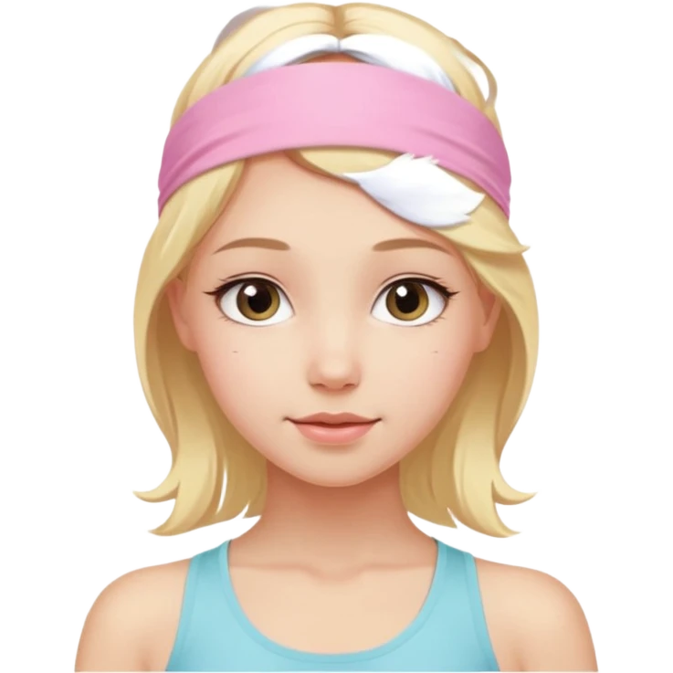 close-up of a beautiful angelic blonde girl's face, bright and serene expression, light pink yoga headband emoji
