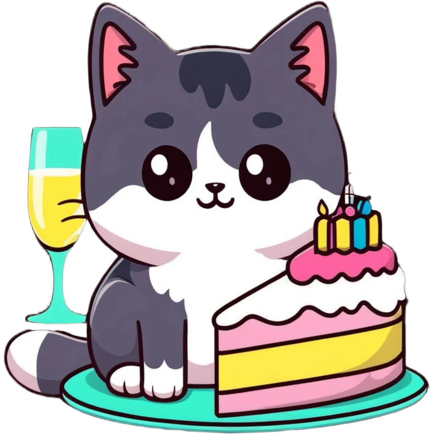 tricolor fluffy cat with big green eyes celebrating her birthday with a cake and champagne emoji